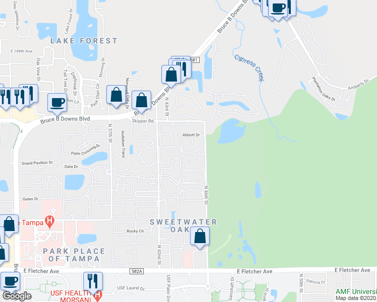 map of restaurants, bars, coffee shops, grocery stores, and more near 14402 Burgundy Square in Tampa