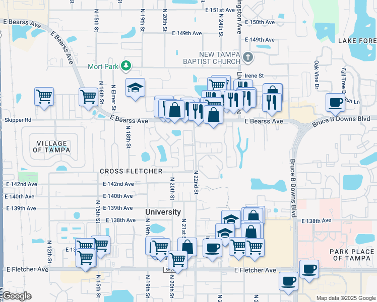 map of restaurants, bars, coffee shops, grocery stores, and more near 2031 Pine Chace Court in Tampa