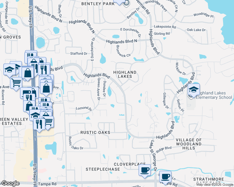 map of restaurants, bars, coffee shops, grocery stores, and more near 3119 Mission Grove Drive in Palm Harbor