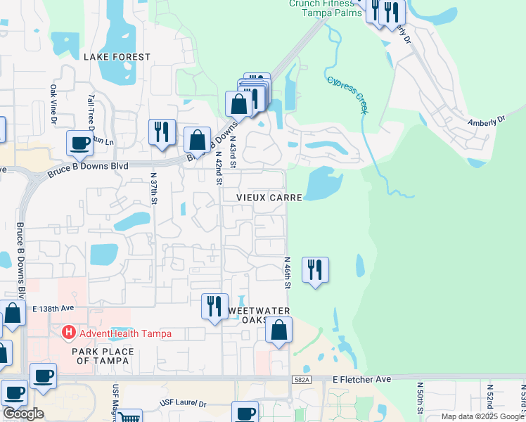 map of restaurants, bars, coffee shops, grocery stores, and more near 14402 Burgundy Square in Tampa
