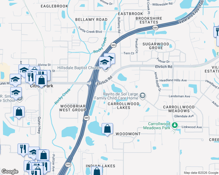 map of restaurants, bars, coffee shops, grocery stores, and more near 5731 Ridgestone Drive in Tampa