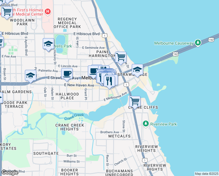 map of restaurants, bars, coffee shops, grocery stores, and more near 912a East New Haven Avenue in Melbourne