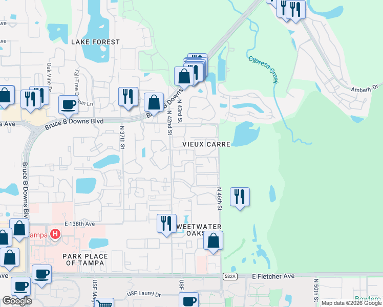 map of restaurants, bars, coffee shops, grocery stores, and more near 14454 Reuter Strasse Circle in Tampa