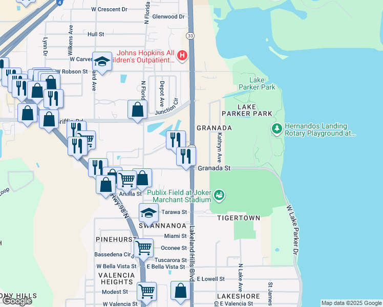 map of restaurants, bars, coffee shops, grocery stores, and more near in Lakeland