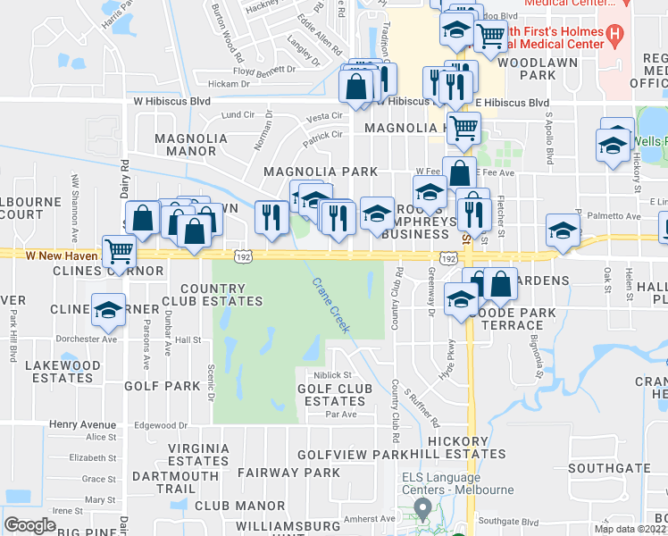 map of restaurants, bars, coffee shops, grocery stores, and more near 353 U.S. 192 in Melbourne