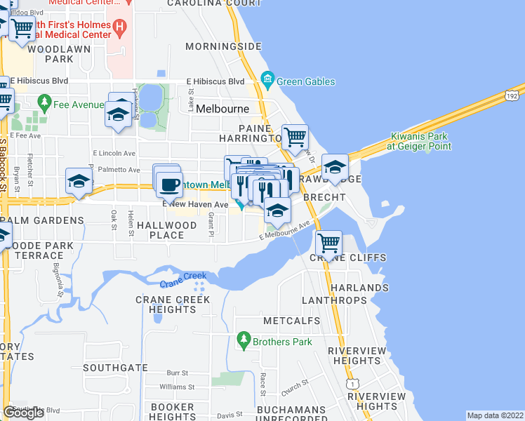 map of restaurants, bars, coffee shops, grocery stores, and more near 912a East New Haven Avenue in Melbourne