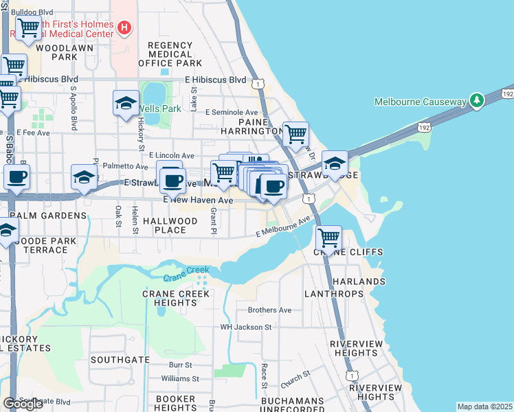 map of restaurants, bars, coffee shops, grocery stores, and more near 912a East New Haven Avenue in Melbourne