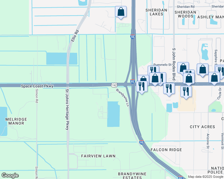 map of restaurants, bars, coffee shops, grocery stores, and more near 4855 U.S. 192 in Melbourne