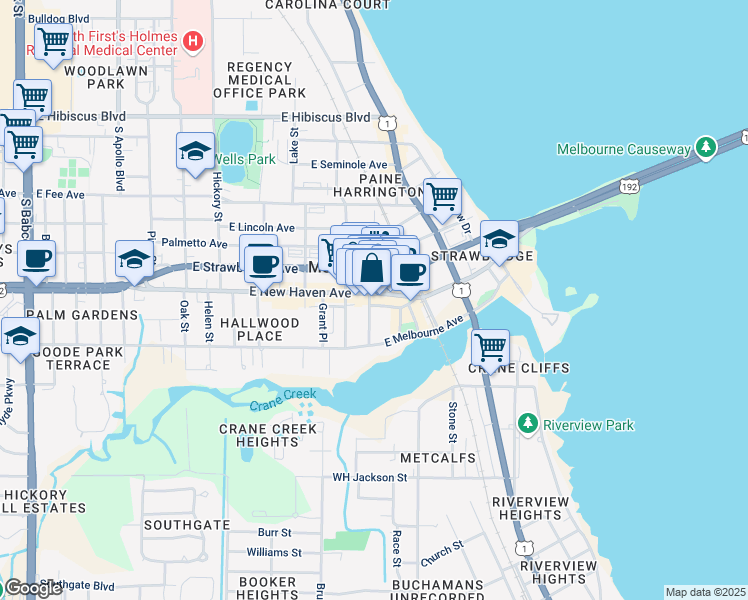 map of restaurants, bars, coffee shops, grocery stores, and more near 821 East New Haven Avenue in Melbourne