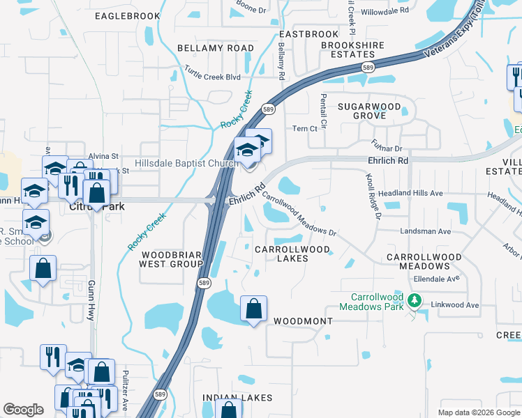 map of restaurants, bars, coffee shops, grocery stores, and more near 5735 Ridgestone Drive in Tampa