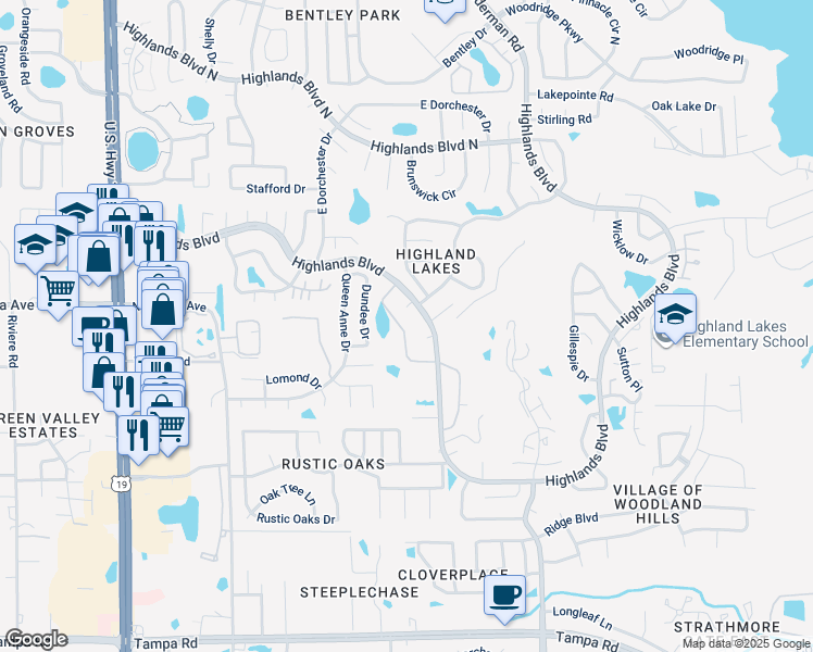 map of restaurants, bars, coffee shops, grocery stores, and more near 3117 Mission Grove Drive in Palm Harbor