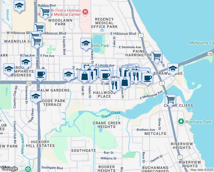 map of restaurants, bars, coffee shops, grocery stores, and more near 541 East New Haven Avenue in Melbourne