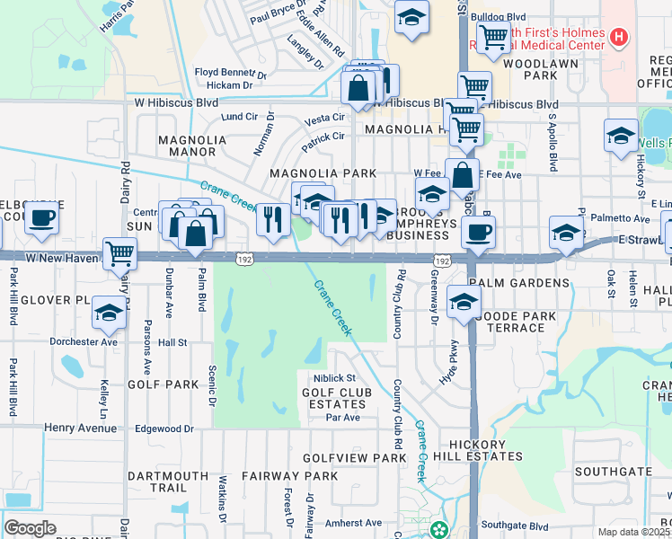 map of restaurants, bars, coffee shops, grocery stores, and more near 353 U.S. 192 in Melbourne