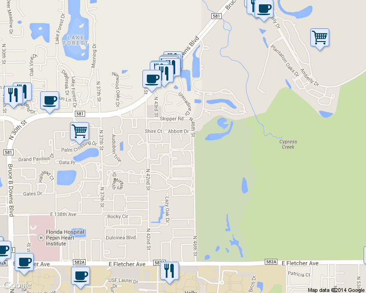 map of restaurants, bars, coffee shops, grocery stores, and more near 14402 Burgundy Square in Tampa
