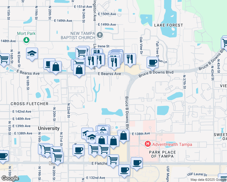 map of restaurants, bars, coffee shops, grocery stores, and more near in University
