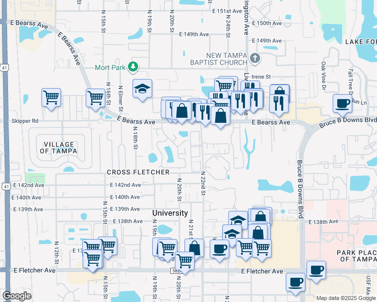 map of restaurants, bars, coffee shops, grocery stores, and more near 2031 Pine Chace Court in Tampa