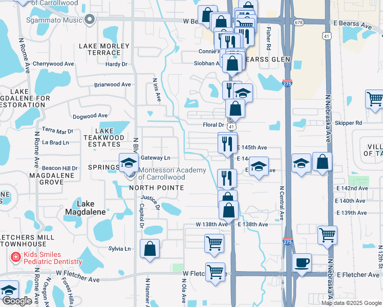 map of restaurants, bars, coffee shops, grocery stores, and more near 228 Sun Court North in Tampa