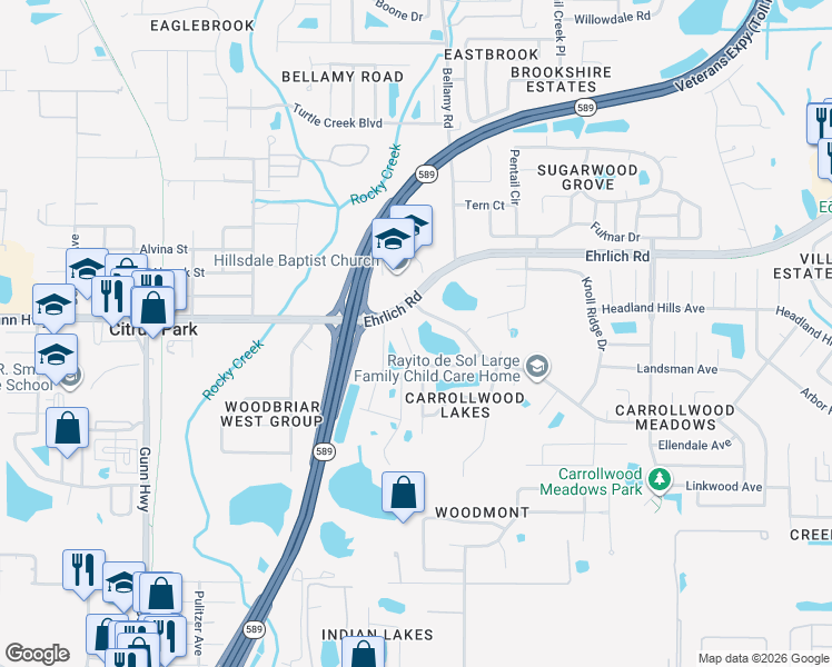 map of restaurants, bars, coffee shops, grocery stores, and more near 5735 Ridgestone Drive in Tampa
