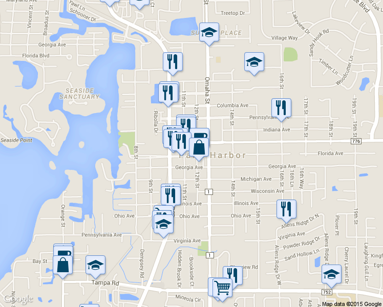 map of restaurants, bars, coffee shops, grocery stores, and more near 1115 Florida Ave in Palm Harbor