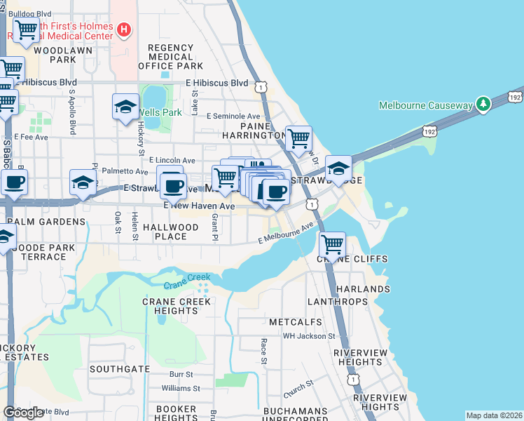 map of restaurants, bars, coffee shops, grocery stores, and more near 912a East New Haven Avenue in Melbourne