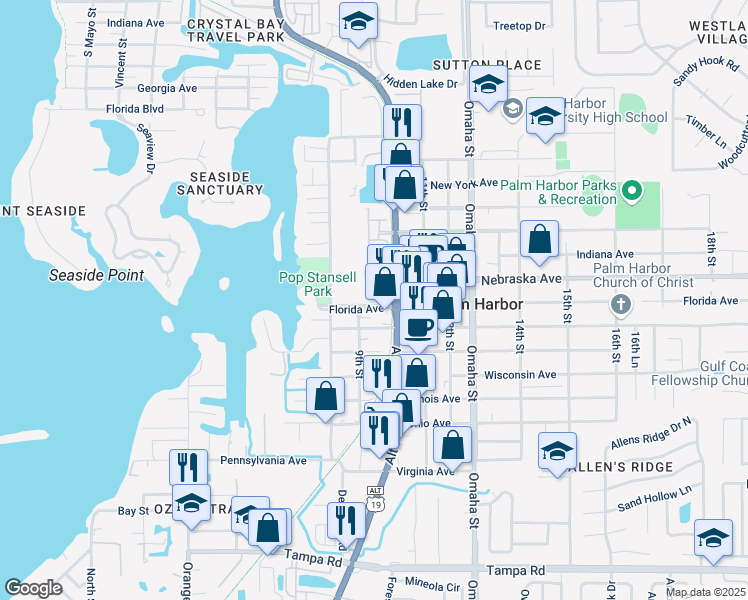 map of restaurants, bars, coffee shops, grocery stores, and more near 901 Florida Avenue in Palm Harbor