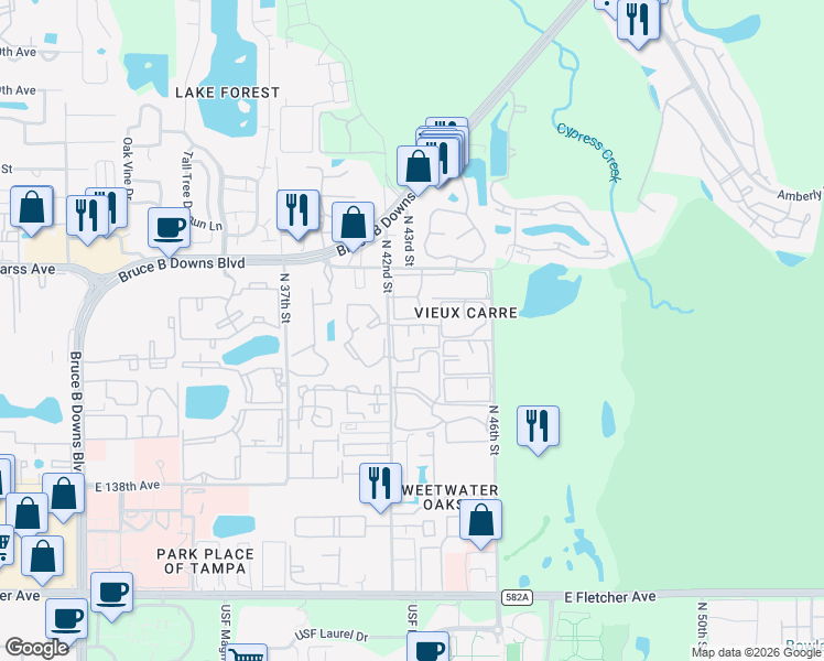 map of restaurants, bars, coffee shops, grocery stores, and more near 14400 Reuter Strasse Circle in Tampa