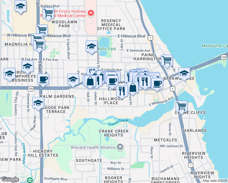 map of restaurants, bars, coffee shops, grocery stores, and more near 541 East New Haven Avenue in Melbourne