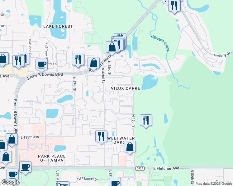 map of restaurants, bars, coffee shops, grocery stores, and more near 14400 Reuter Strasse Circle in Tampa