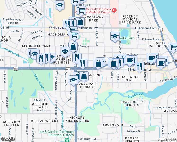 map of restaurants, bars, coffee shops, grocery stores, and more near 109 U.S. 192 in Melbourne