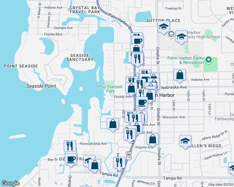 map of restaurants, bars, coffee shops, grocery stores, and more near 800 Nebraska Avenue in Palm Harbor