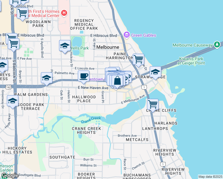 map of restaurants, bars, coffee shops, grocery stores, and more near 821 East New Haven Avenue in Melbourne