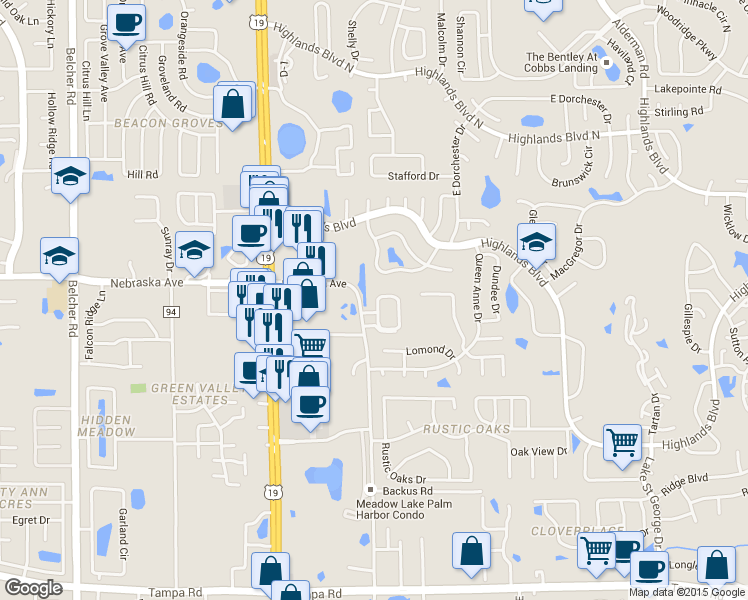 map of restaurants, bars, coffee shops, grocery stores, and more near 1163 Orange Tree Circle West in Palm Harbor
