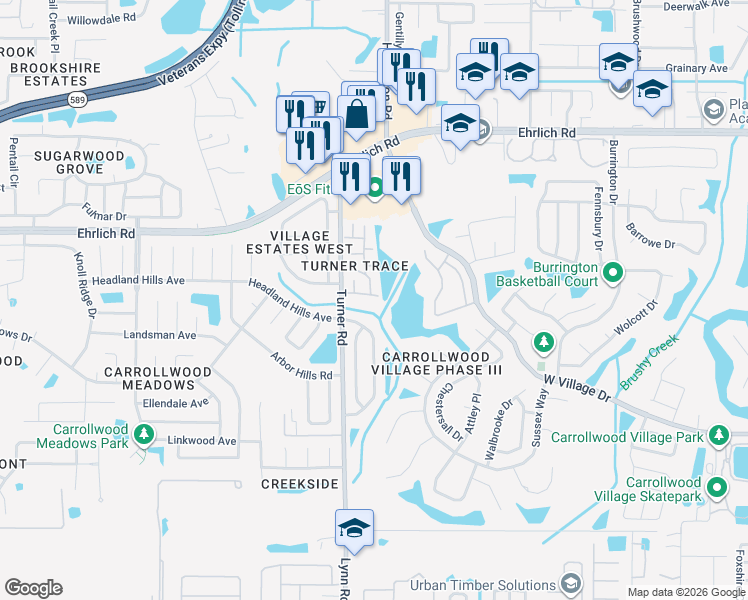 map of restaurants, bars, coffee shops, grocery stores, and more near 5310 Ridgewell Court in Tampa