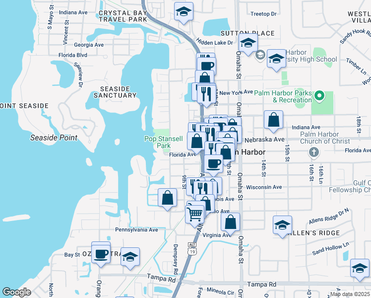 map of restaurants, bars, coffee shops, grocery stores, and more near 901 Florida Avenue in Palm Harbor