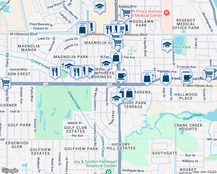 map of restaurants, bars, coffee shops, grocery stores, and more near 47 West New Haven Avenue in Melbourne