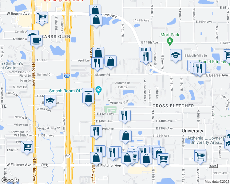 map of restaurants, bars, coffee shops, grocery stores, and more near 14517 Fall Road in Tampa