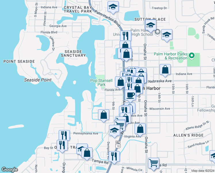 map of restaurants, bars, coffee shops, grocery stores, and more near 800 Nebraska Avenue in Palm Harbor