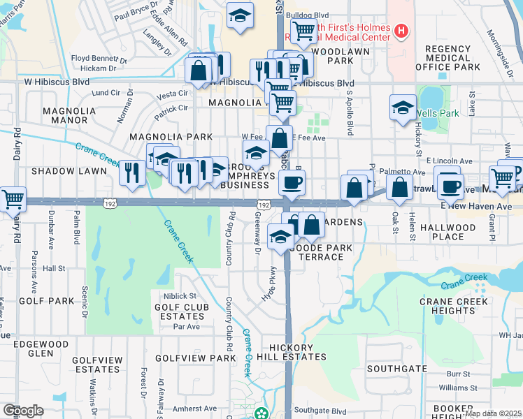 map of restaurants, bars, coffee shops, grocery stores, and more near 2000 Greenway Drive in Melbourne