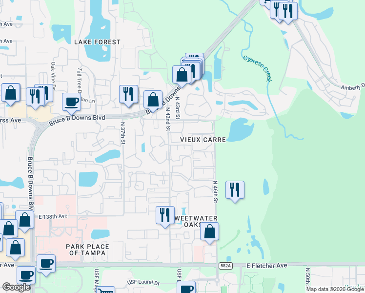 map of restaurants, bars, coffee shops, grocery stores, and more near 14400 Reuter Strasse Circle in Tampa