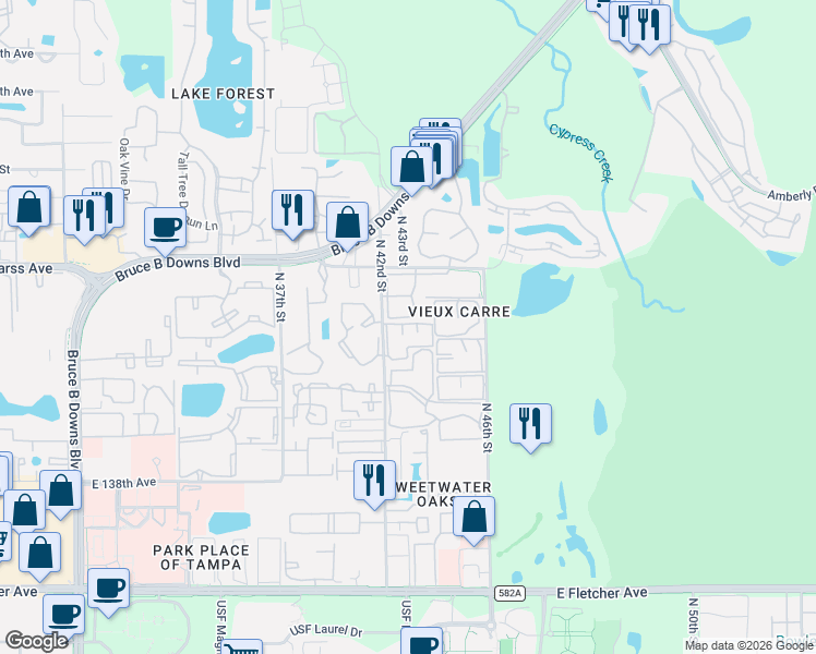 map of restaurants, bars, coffee shops, grocery stores, and more near 14470 Reuter Strasse Circle in Tampa