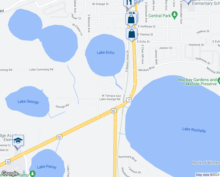 map of restaurants, bars, coffee shops, grocery stores, and more near 1201 South Cross Avenue in Lake Alfred