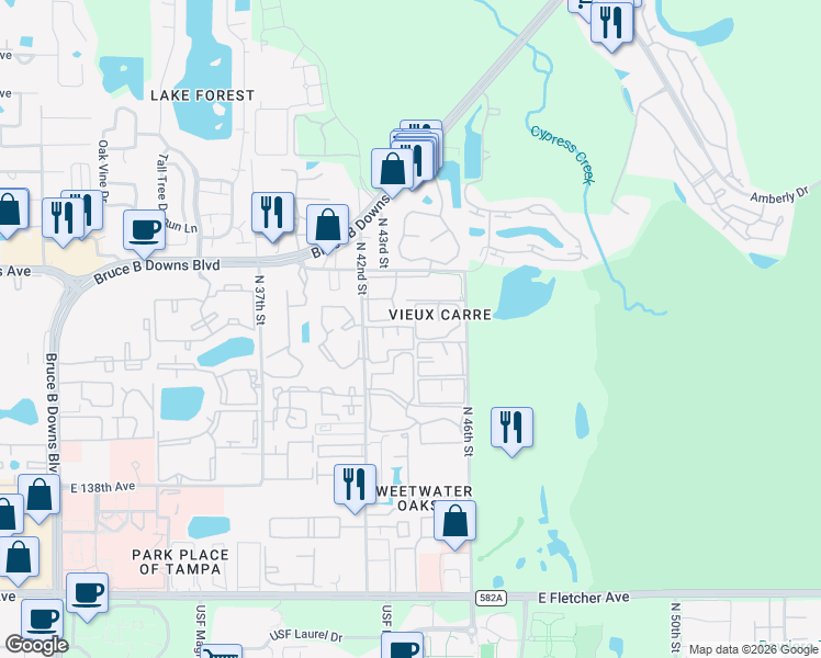 map of restaurants, bars, coffee shops, grocery stores, and more near 14400 Reuter Strasse Circle in Tampa