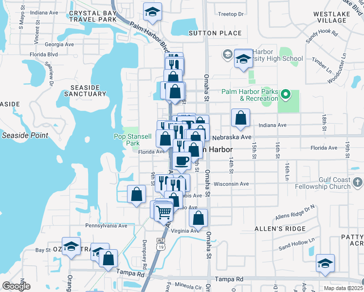 map of restaurants, bars, coffee shops, grocery stores, and more near 1220 U.S. 19 Alternate in Palm Harbor
