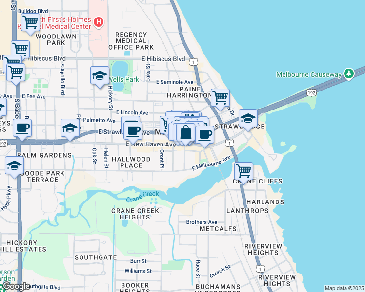map of restaurants, bars, coffee shops, grocery stores, and more near 821 East New Haven Avenue in Melbourne