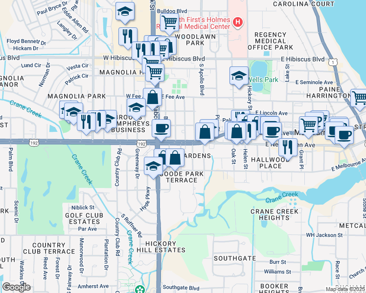 map of restaurants, bars, coffee shops, grocery stores, and more near 109 U.S. 192 in Melbourne
