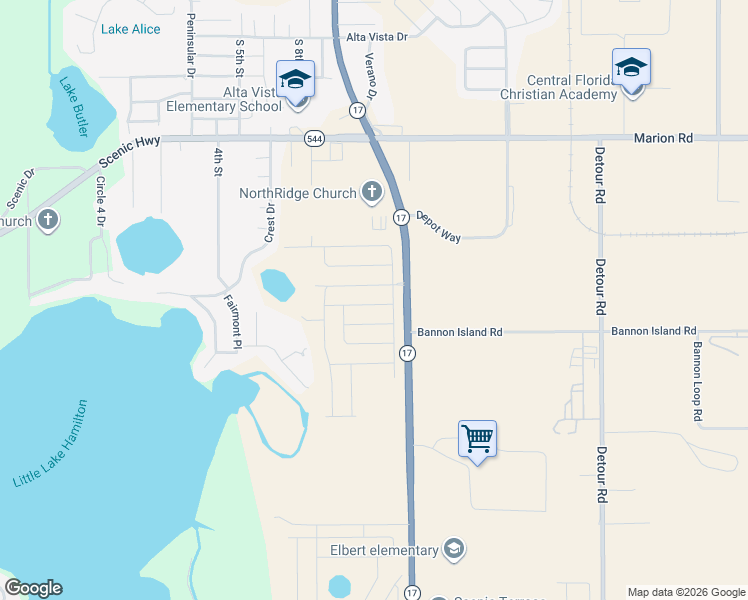 map of restaurants, bars, coffee shops, grocery stores, and more near 2501 Highway 17 in Haines City