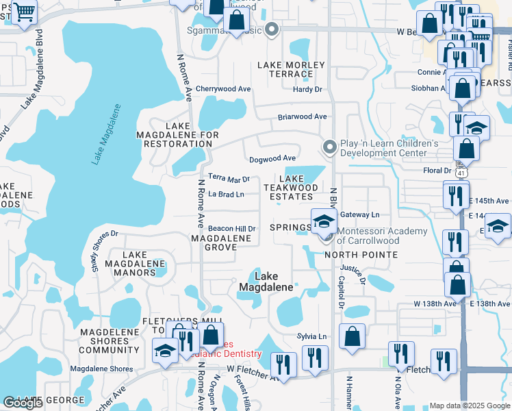map of restaurants, bars, coffee shops, grocery stores, and more near 1201 Magdalene Grove Avenue in Tampa