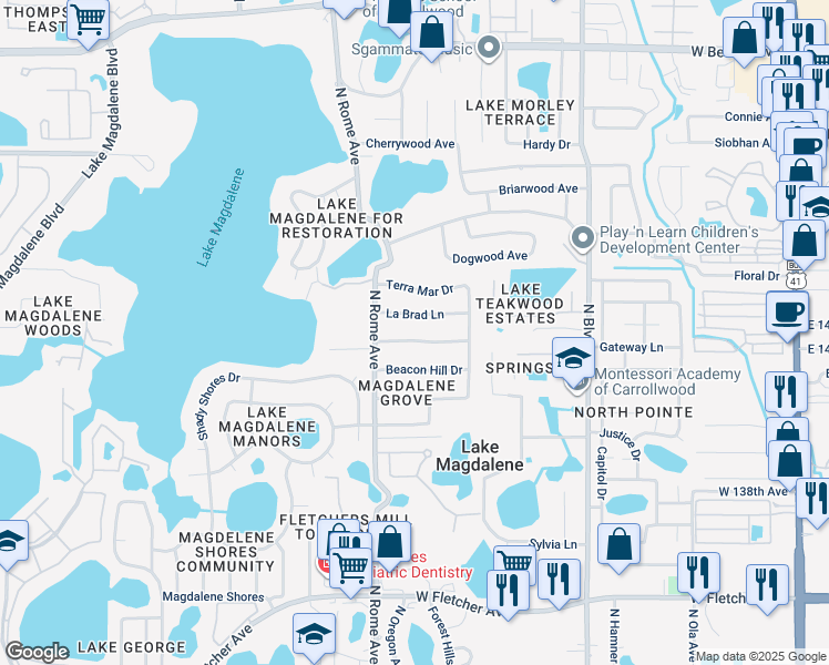 map of restaurants, bars, coffee shops, grocery stores, and more near 1215 Magdalene Grove Avenue in Tampa