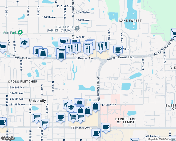 map of restaurants, bars, coffee shops, grocery stores, and more near 2814 Somerset Park Drive in Tampa