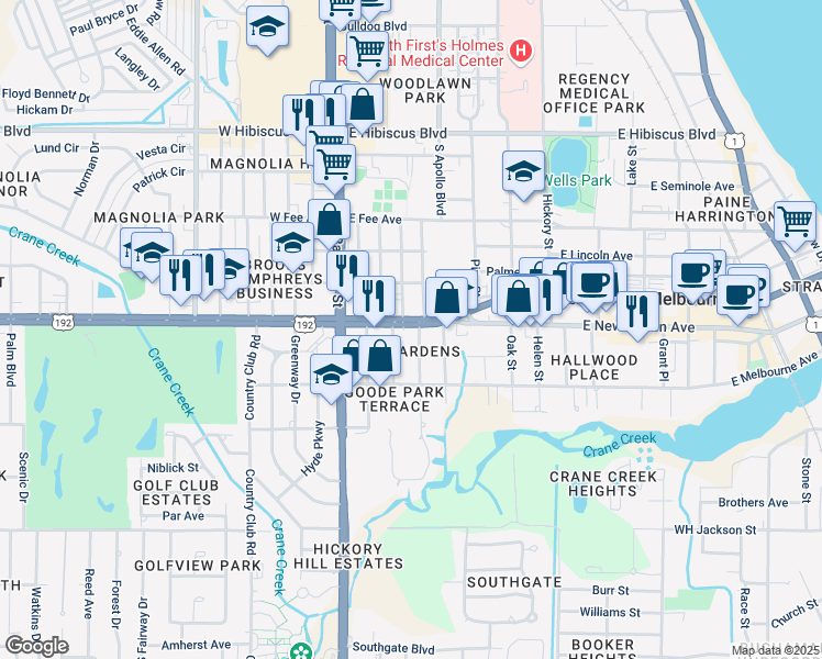map of restaurants, bars, coffee shops, grocery stores, and more near 109 U.S. 192 in Melbourne
